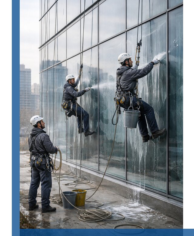 Промышленная мойка панорамных окон на высоте в Барабинске