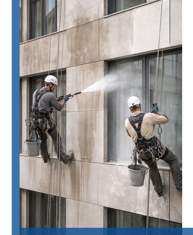 Послестроительная мойка фасада промышленным альпинизмом в Барабинске