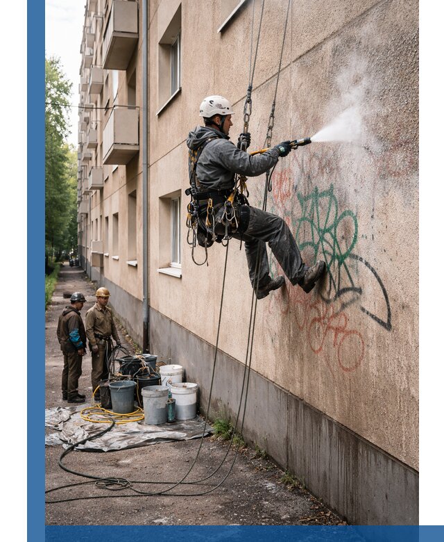 Удаление граффити с фасада в Барабинске без следов и повреждений