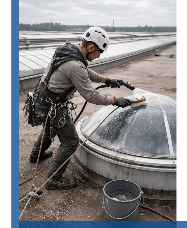 Мойка зенитных фонарей на кровле для промышленных объектов в Барабинске