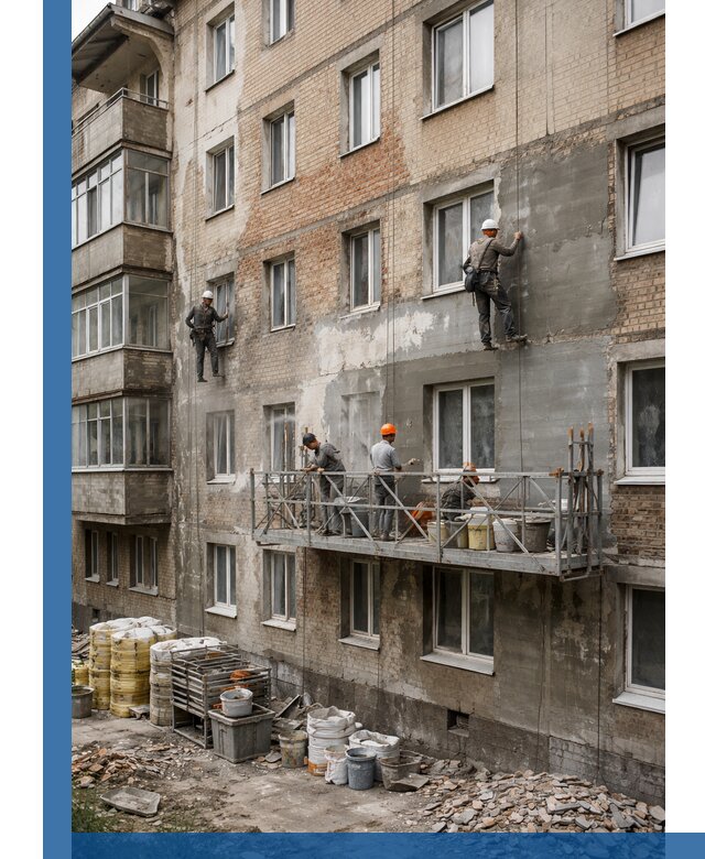 Капитальный ремонт фасада в Барабинске с восстановлением и гидроизоляцией