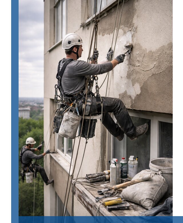 Косметический ремонт фасада зданий в Барабинске промышленными альпинистами