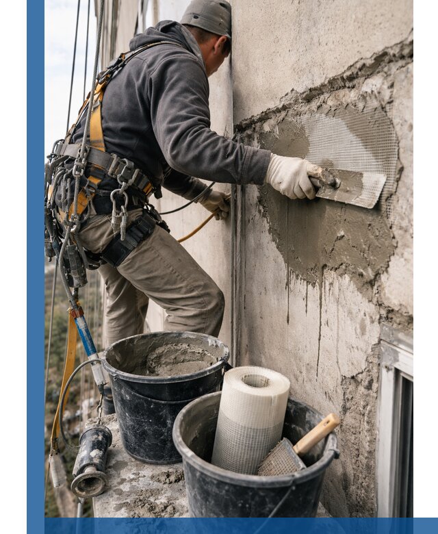 Ремонт бетонных элементов фасада промышленными альпинистами в Барабинске