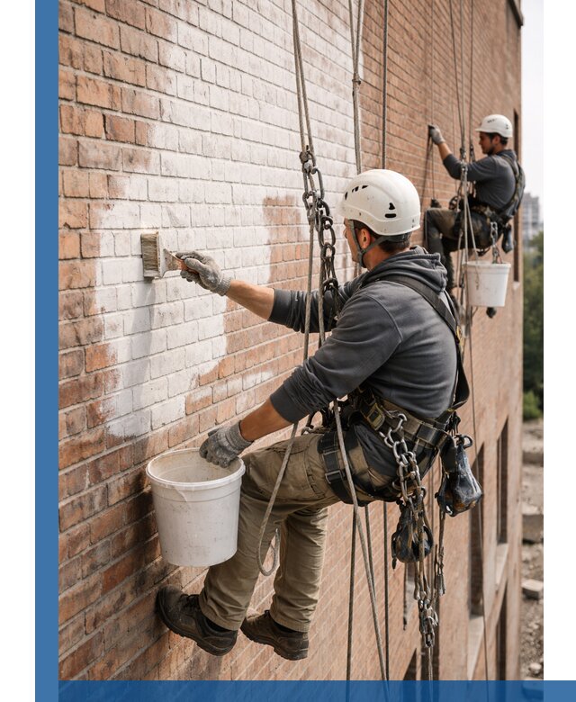 Покраска кирпичного фасада с доступным альпинистским сервисом в Барабинске