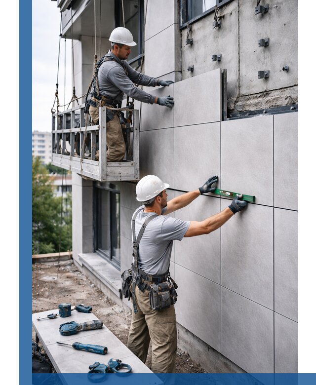 Монтаж керамогранита на фасад в Барабинске под ключ с гарантией качества