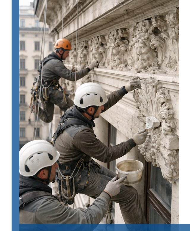 Реставрация фасадной лепнины с высотными работами в Барабинске