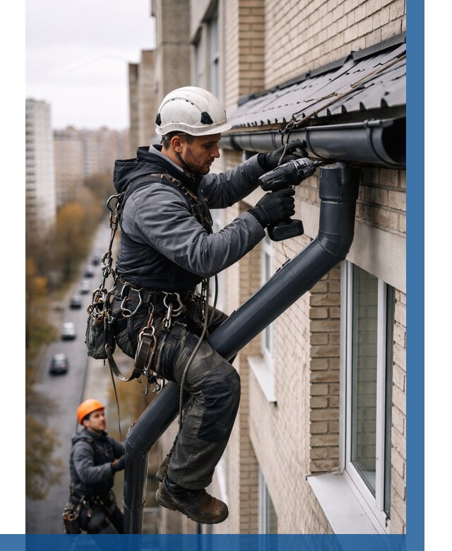 Монтаж водосточной системы на здании в Барабинске от 5079 р. | ВЫСОТНИК-Ббн