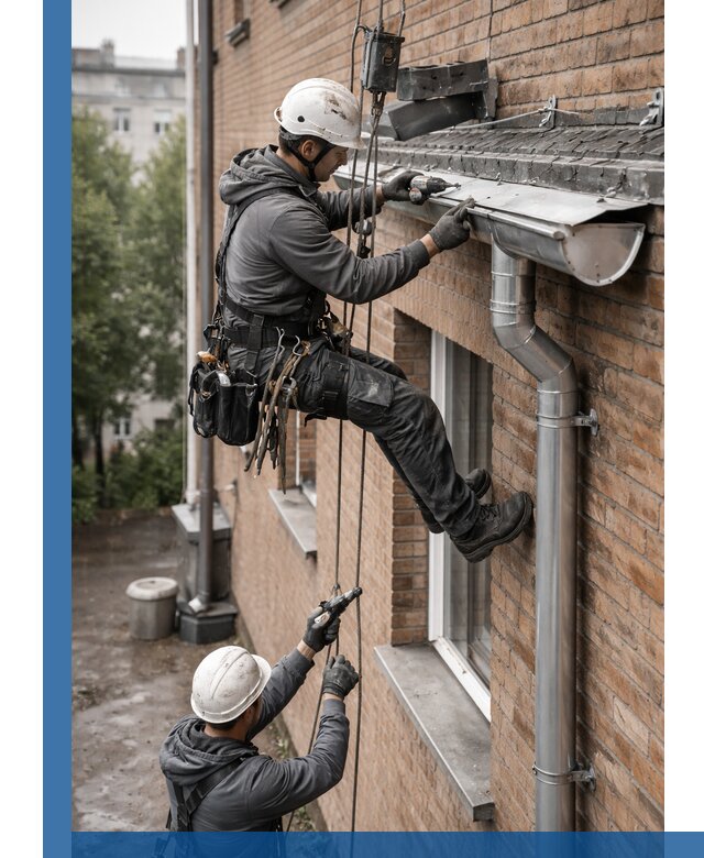 Монтаж водосточной системы на здании в Барабинске под ключ