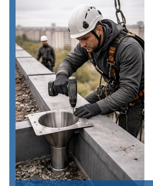 Монтаж водосточных воронок в Барабинске для промышленных зданий