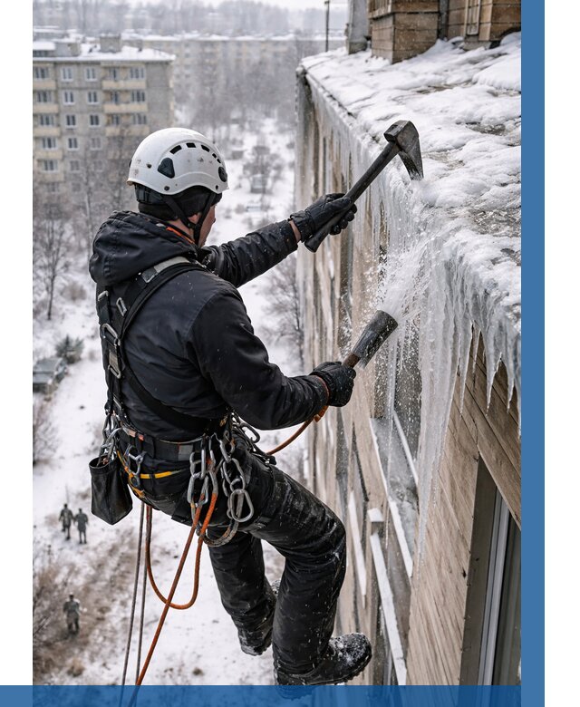 Сбивание сосулек с крыши в Барабинске по цене от 4571 р. | ВЫСОТНИК-Ббн