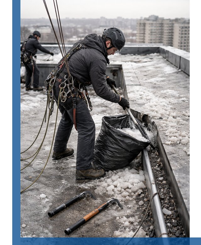 Аварийная очистка кровли в Барабинске от промальпинистов