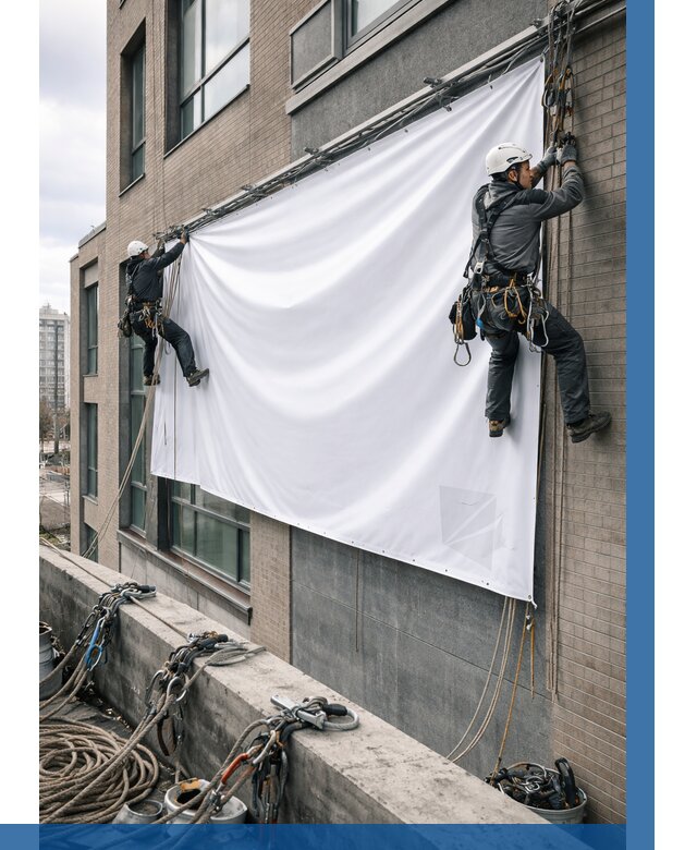 Монтаж баннеров на фасаде в Барабинске от 660 р. заказать ВЫСОТНИК-Ббн