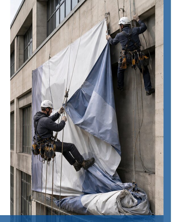 Демонтаж баннеров с фасада в Барабинске от 4571 р. | ВЫСОТНИК-Ббн