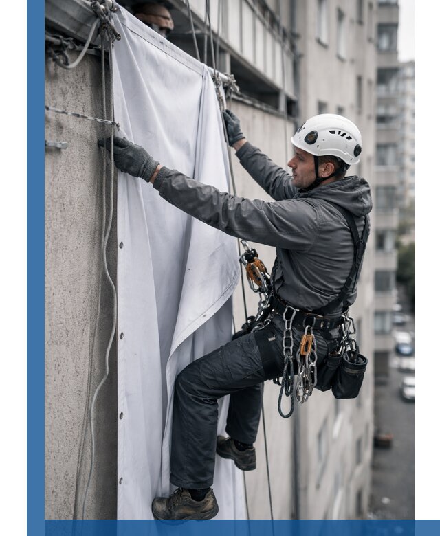 Замена баннерного полотна промышленными альпинистами в Барабинске
