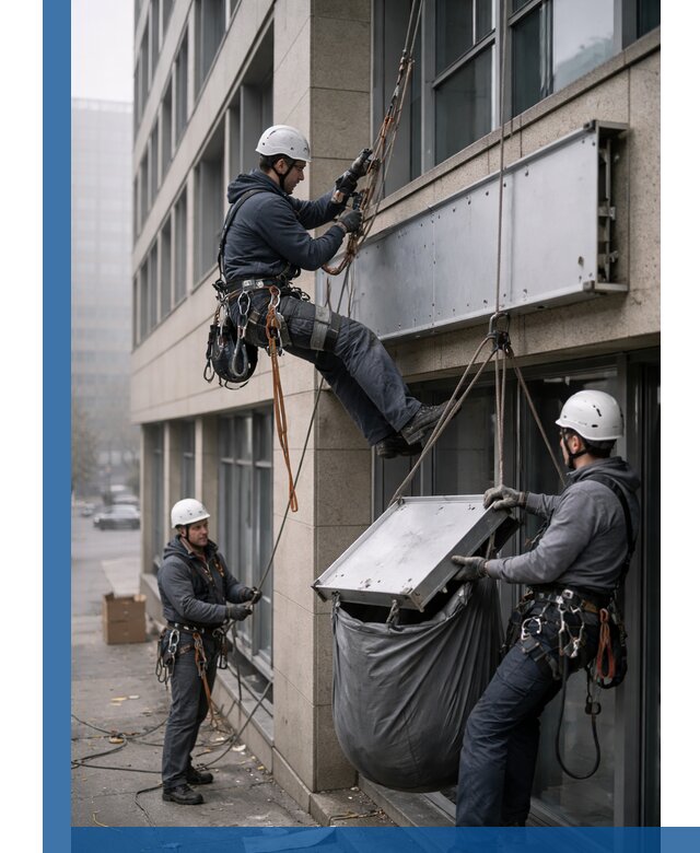 Демонтаж рекламной вывески с высотными работами в Барабинске