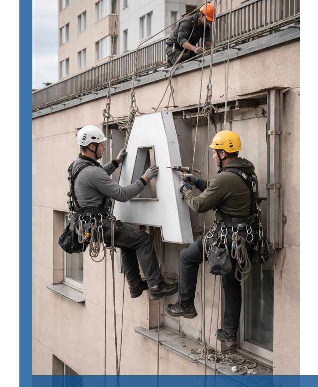Ремонт и восстановление наружных вывесок на высоте в Барабинске