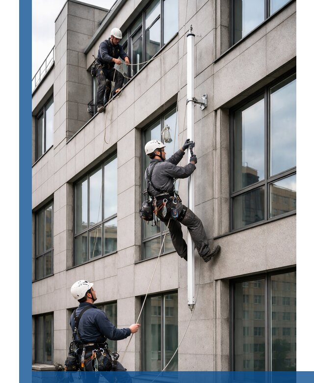 Монтаж флагштока на фасаде здания с креплением и герметикой в Барабинске