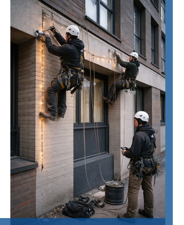 Монтаж гирлянд на фасаде в Барабинске от 3555 р. | ВЫСОТНИК-Ббн