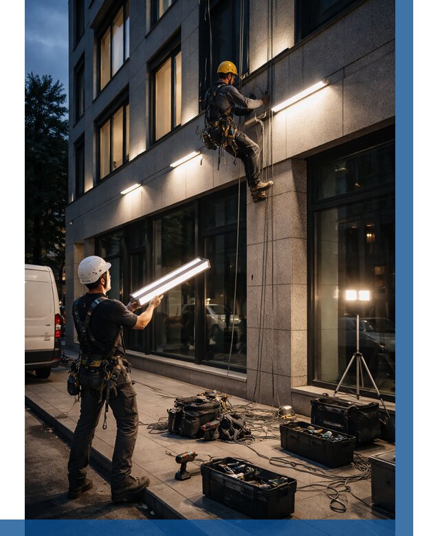 Монтаж архитектурной подсветки здания в Барабинске от 2539 р.|ВЫСОТНИК-Ббн