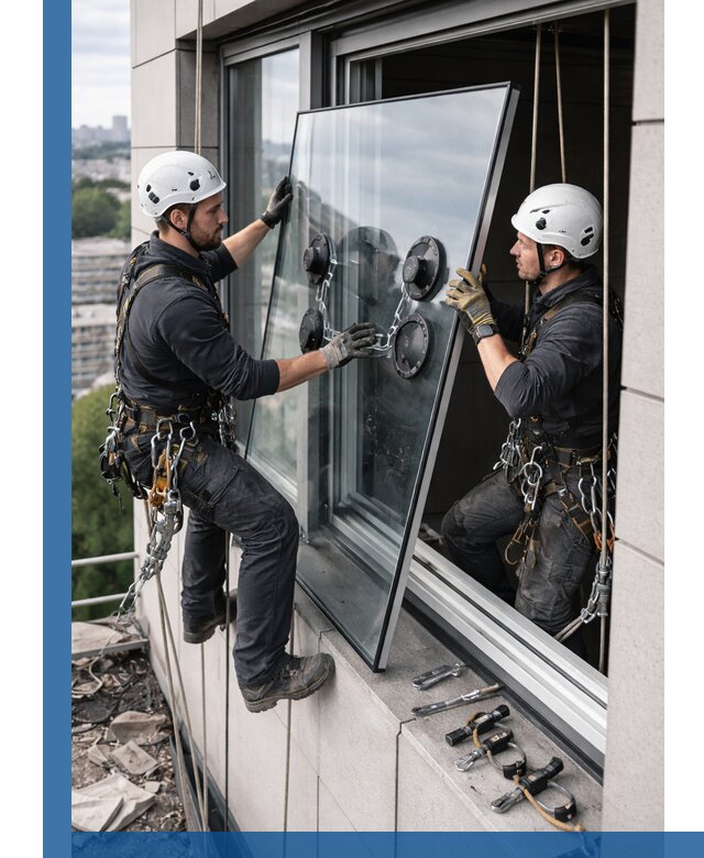 Замена стеклопакетов на высоте с промышленными альпинистами в Барабинске