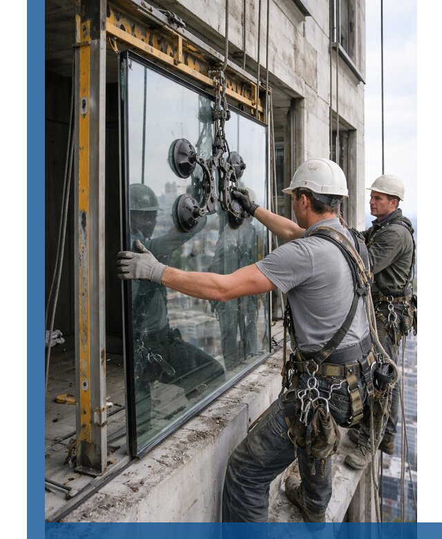 Монтаж стеклопакетов на высоте в Барабинске с промышленным альпинизмом