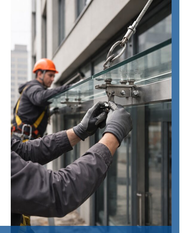 Монтаж стеклянных козырьков в Барабинске от 8633 р. | ВЫСОТНИК-Ббн