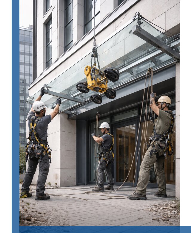 Монтаж стеклянных козырьков под ключ в Барабинске для зданий