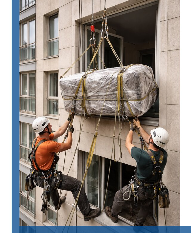 Подъем грузов через окно в Барабинске промышленными альпинистами