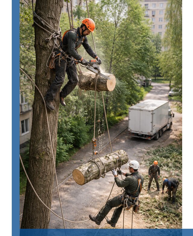 Спил деревьев альпинистами в Барабинске, безопасно и без повреждений