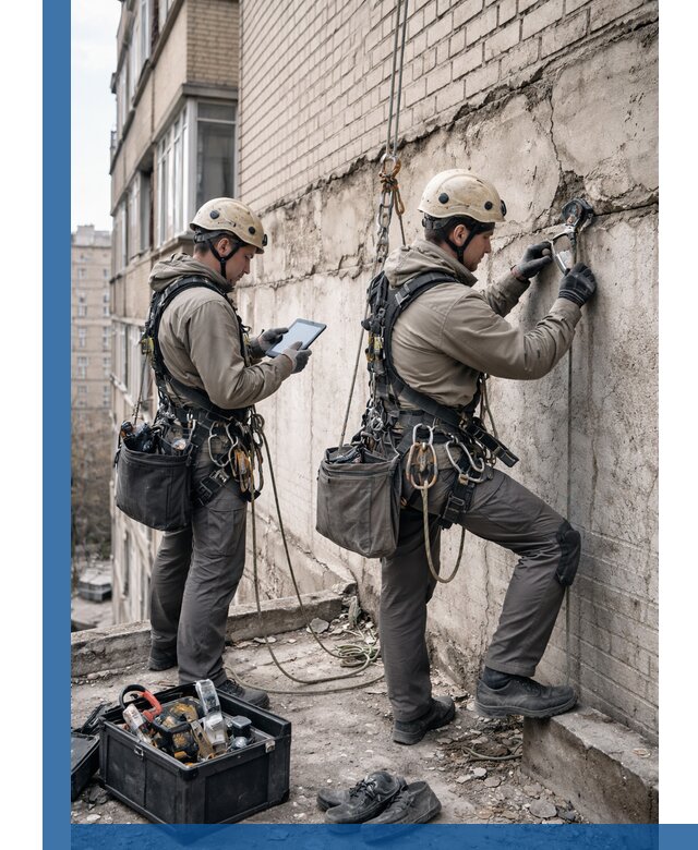 Обследование фасада промышленными альпинистами в Барабинске